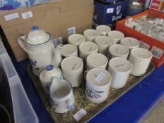 TRAY OF CHINA MUGS, TEA POT ETC