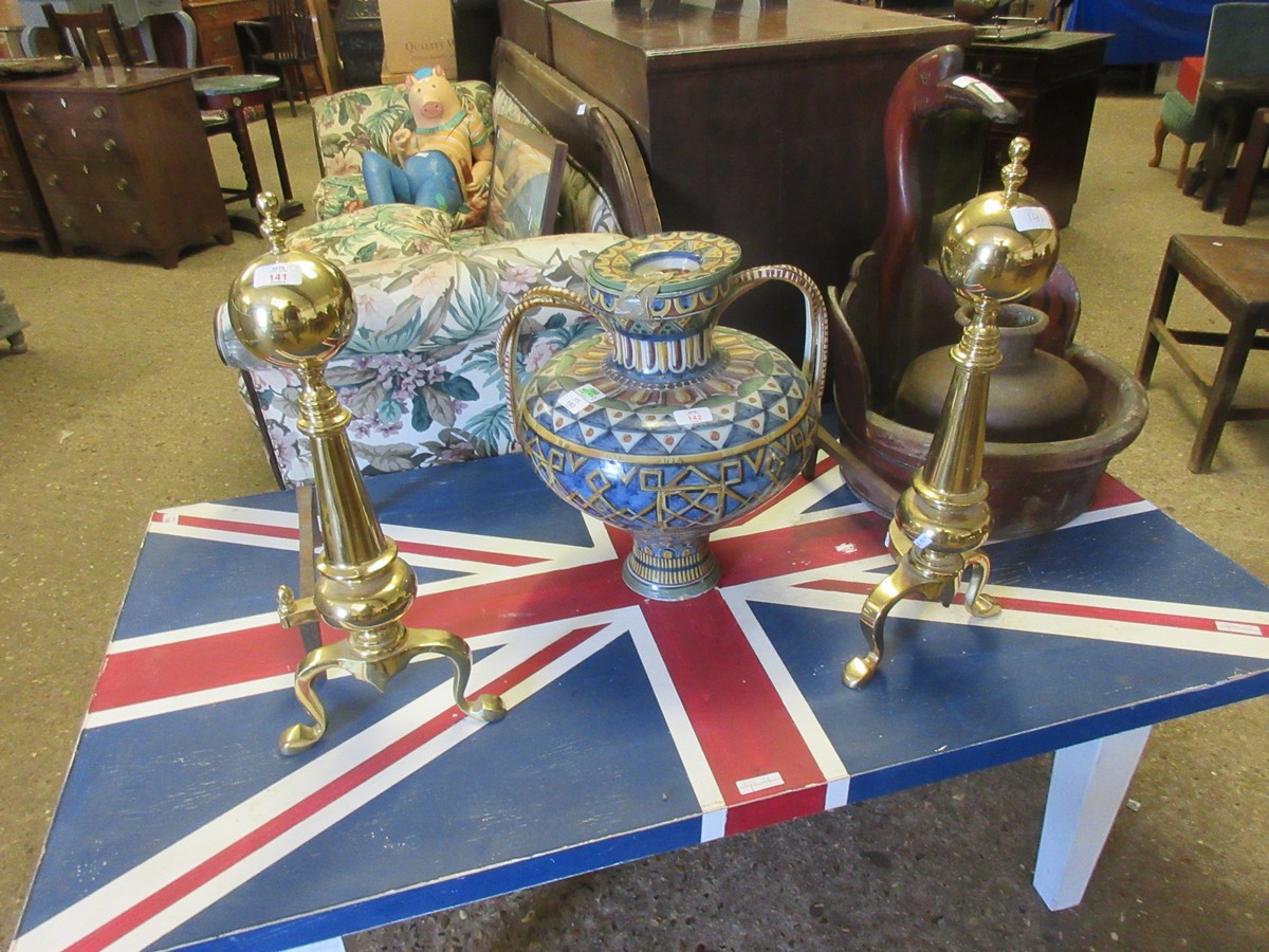 PAIR OF REPRODUCTION BRASS FIRE DOGS WITH BALL FINIALS