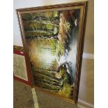 GILT FRAMED CONTINENTAL OIL ON CANVAS OF A STREAM THROUGH A WOODED LANDSCAPE