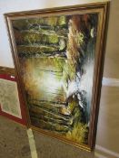 GILT FRAMED CONTINENTAL OIL ON CANVAS OF A STREAM THROUGH A WOODED LANDSCAPE