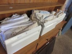 THREE TRAYS OF MIXED TABLE LINENS, CROCHET WARES ETC