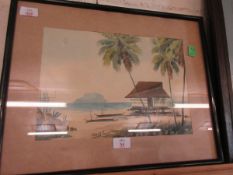 A B IBRAHIM, SIGNED GOUACHE, MALAYSIAN LANDSCAPE, TOGETHER WITH TWO FURTHER MALAYSIAN WATERCOLOURS