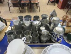 TRAY OF PEWTER TANKARDS, PEWTER LIDDED BEER STEINS ETC