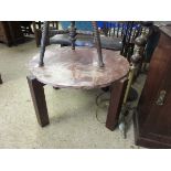 GOOD QUALITY RED MOTTLED MARBLE CIRCULAR TOP FORMED AS A COFFEE TABLE WITH FOUR PLANK LEGS