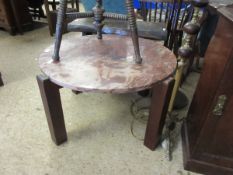 GOOD QUALITY RED MOTTLED MARBLE CIRCULAR TOP FORMED AS A COFFEE TABLE WITH FOUR PLANK LEGS