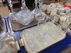 TWO TRAYS OF MIXED CUT GLASS DECANTERS, BOWL ETC