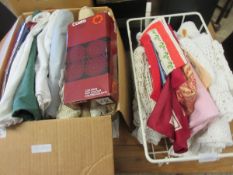 TWO BOXES OF MIXED TABLE LINENS, CROCHET WARES ETC