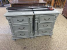 PAIR OF GREY PAINTED THREE DRAWER BEDSIDE CHESTS WITH TURNED COLUMNS