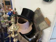 BOWLER HAT TOGETHER WITH SILK TOP HAT OF LINCOLN BENNET & CO AND A FRENCH POLICE CAP (3) (A/F)