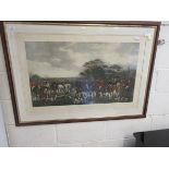LARGE WALNUT FRAMED COLOURED HUNTING PRINT "SIR RICHARD SUTTON AND THE CORN HOUNDS"