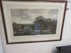 LARGE WALNUT FRAMED COLOURED HUNTING PRINT "SIR RICHARD SUTTON AND THE CORN HOUNDS"