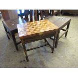 MAHOGANY AND SATINWOOD INLAID CHEQUERBOARD TOP GAMES TABLE BY E WOODS & SONS ON A TURNED STAND