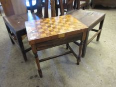 MAHOGANY AND SATINWOOD INLAID CHEQUERBOARD TOP GAMES TABLE BY E WOODS & SONS ON A TURNED STAND