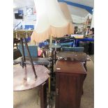 1970'S TEAK AND BRASS COLUMN STANDARD LAMP AND SHADE (2)