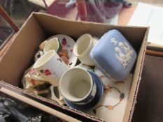 BOX OF WEDGWOOD JASPER WARES, COFFEE CAN AND SAUCER ETC