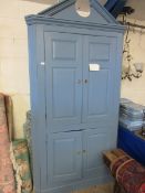 VICTORIAN BLUE PAINTED PINE FRAMED FLOOR STANDING CORNER CUPBOARD WITH SWAN NECK PEDIMENT WITH