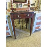 GEORGIAN MAHOGANY SINGLE DRAWER SIDE TABLE ON TAPERING SQUARE LEGS RAISED ON CASTERS