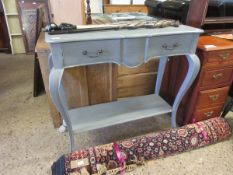 GREY PAINTED CONSOLE TABLE WITH SINGLE FULL WIDTH DRAWER AND SHAPED FEET WITH OPEN SHELF