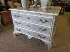 FRENCH GREY AND WHITE PAINTED THREE FULL WIDTH DRAWER CHEST ON SHAPED SQUAT FEET