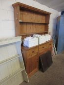 WAXED PINE KITCHEN DRESSER WITH TWO FIXED SHELVES, PANEL BACK, BASE WITH THREE DRAWERS OVER THREE