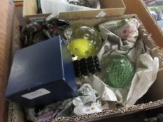 BOX CONTAINING A QUANTITY OF COLOURED GLASS PAPERWEIGHTS ETC