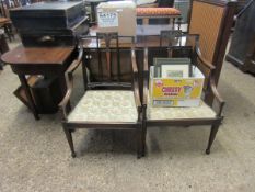 PAIR OF EDWARDIAN MAHOGANY ARMCHAIRS WITH INLAID DETAIL TO BACK SPLAT AND CARVED PRINCE OF WALES