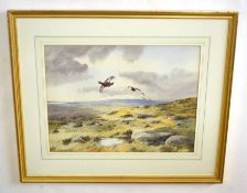 AR Robert W Milliken (1920-2014), Grouse in Flight over Moorland, watercolour, signed lower right,