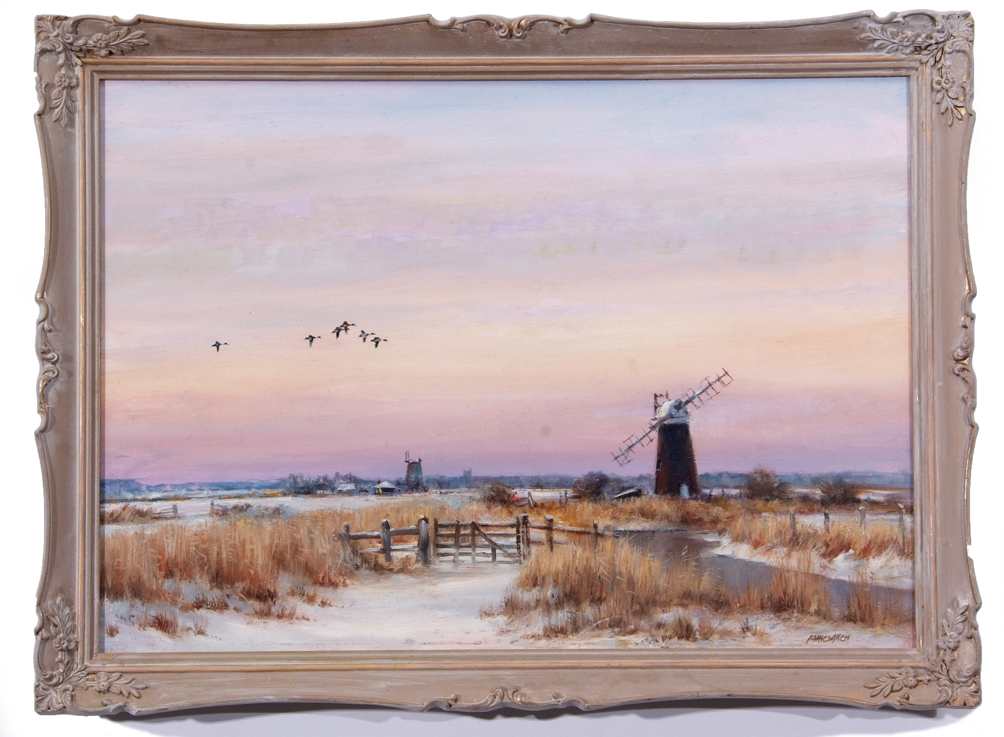 James J Allen (contemporary), "Mutton's Mill, Halvergate Marsh, Norfolk", oil on board, signed lower