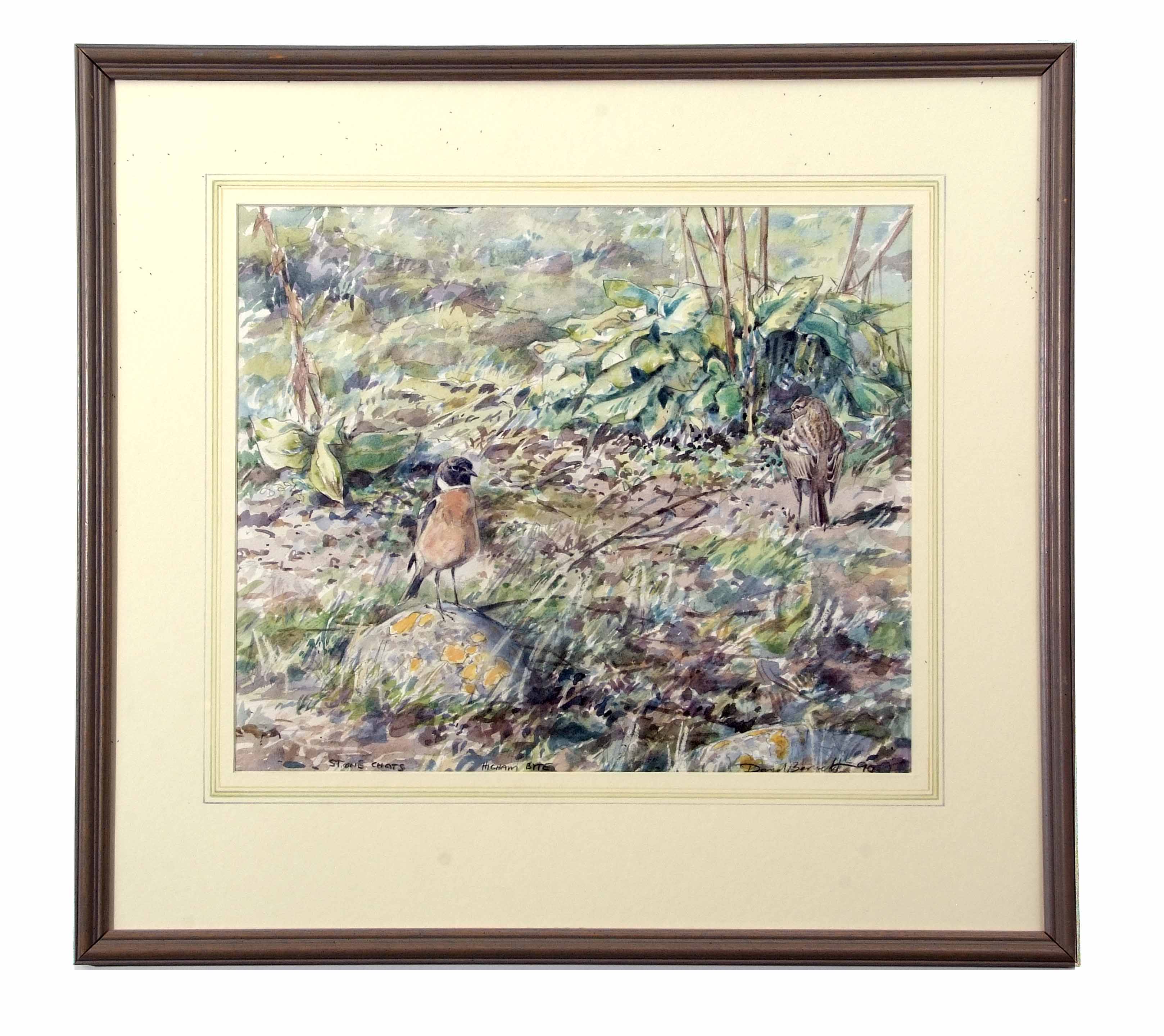 AR David Bennett (contemporary), "Stonechats", watercolour, signed and dated 90 lower right, 35 x