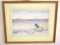 AR Richard Robjent (Born 1937), Kingfisher in Winter, watercolour, signed lower right, 36 x 51cm