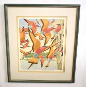 AR John Tennent (Born 1926), "Carmine Bee-eaters", linocut, signed, dated 1989, numbered 19/60 and