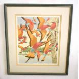 AR John Tennent (Born 1926), "Carmine Bee-eaters", linocut, signed, dated 1989, numbered 19/60 and