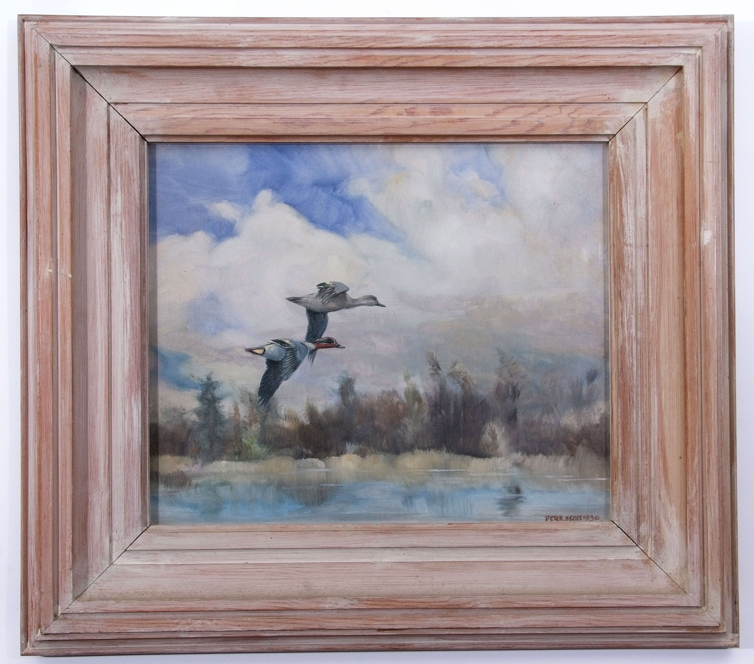 AR Sir Peter Markham Scott, CH, CBE (1909-1989),"A pair of teal over Fritton Lake", oil on canvas,