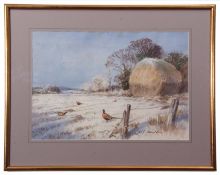 AR Roland Green (1896-1972), Pheasant in winter landscape, watercolour, signed lower right, 35 x