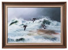 AR David Feather (1952-2005), Oystercatchers in Flight over a Coast, oil on canvas, with feather