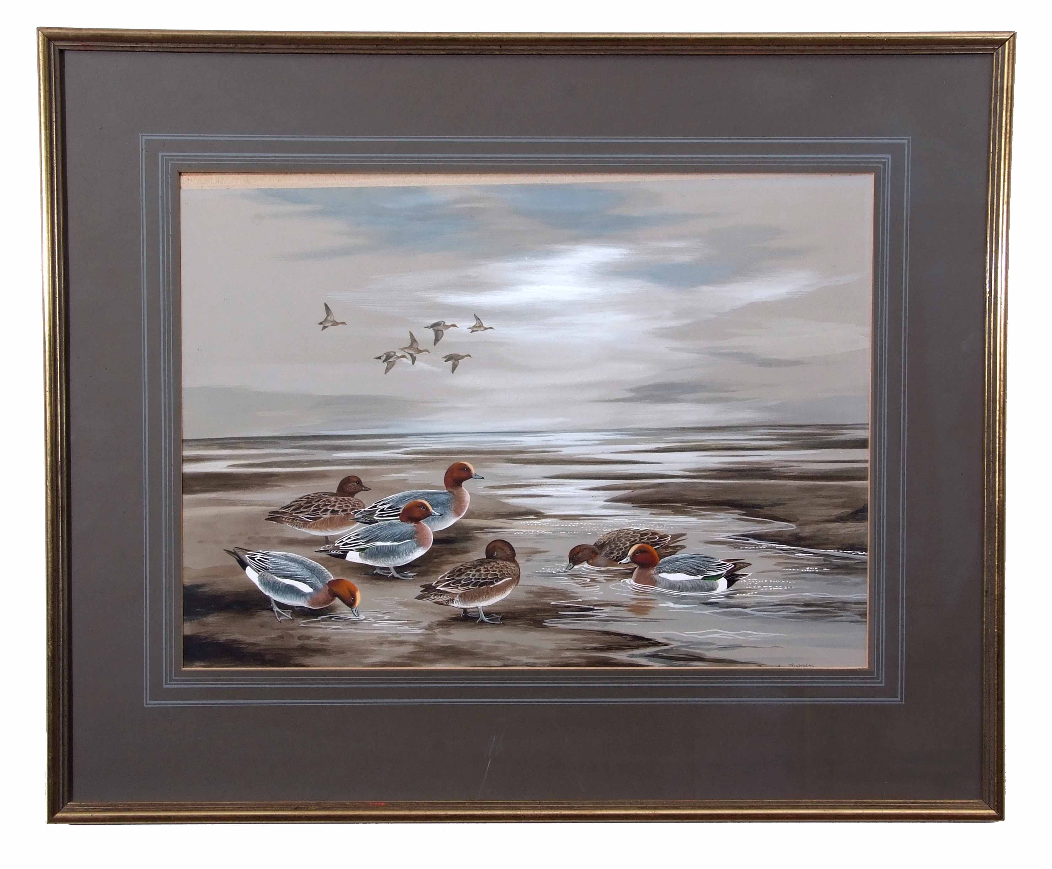 AR Paul A Nicholas (20th century), Widgeon in an estuary, watercolour and gouache, signed lower - Image 2 of 2