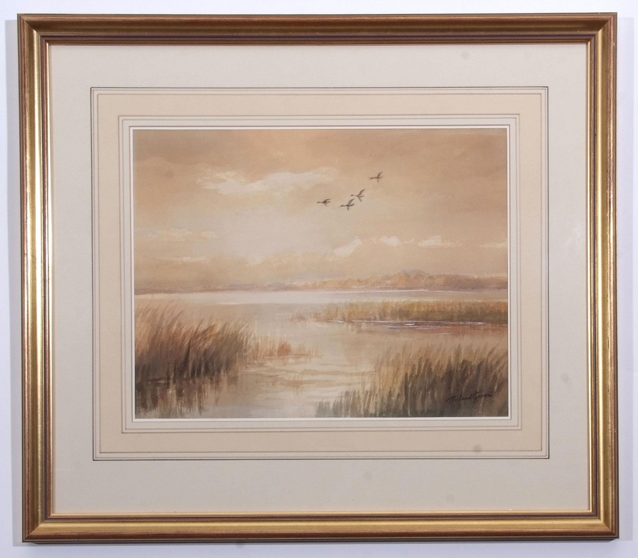 AR Roland Green (1896-1972), Ducks in flight over an estuary, watercolour, signed lower right, 26 - Image 2 of 2