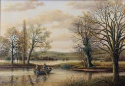 S G Anderson (20th century), "Flooded Ouse (Anglers in a rowing boat)", oil on canvas, signed and