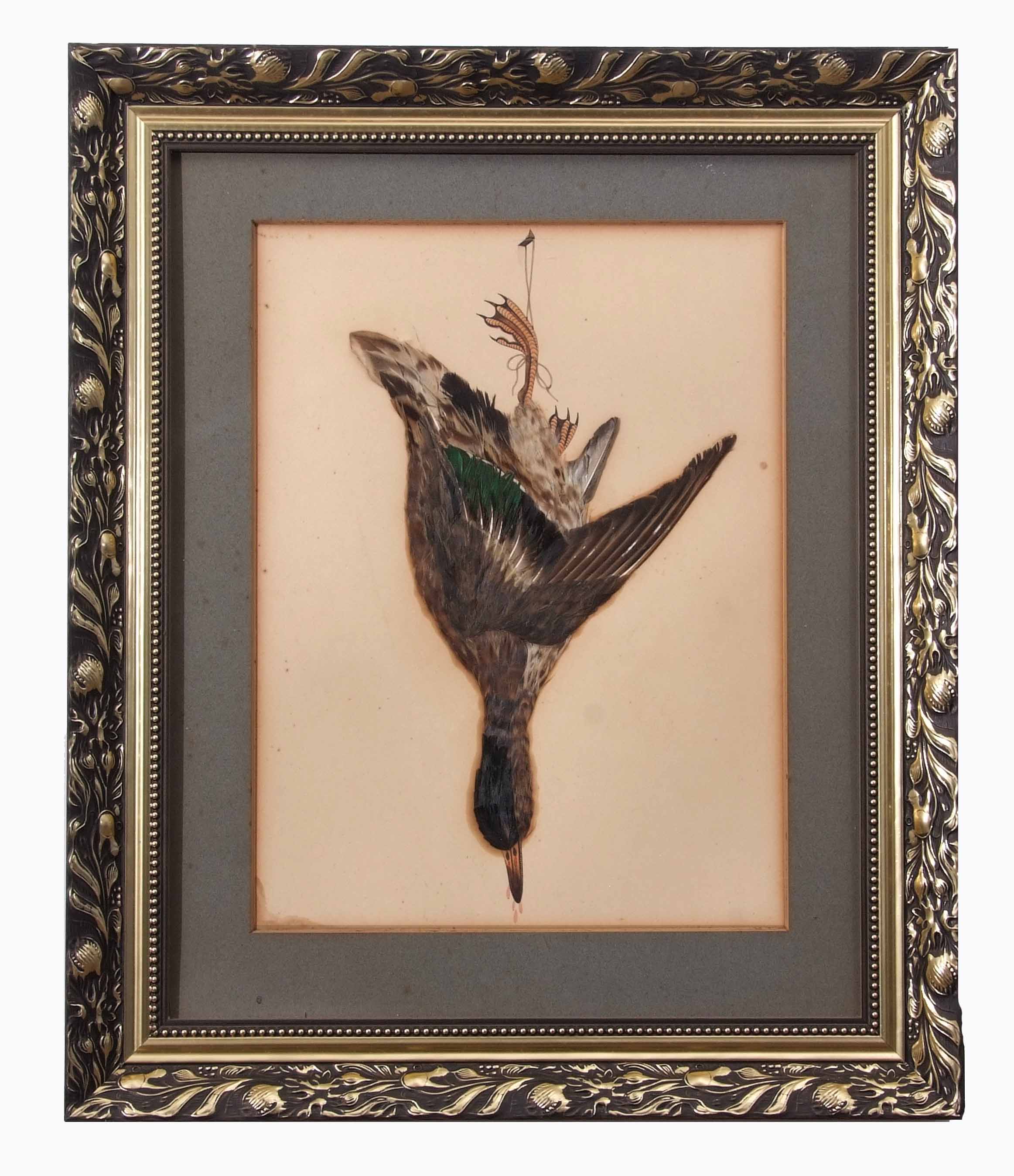 English School (19th Century), Hanging Game, pair of watercolour and feather pictures, 40 x 30cm (