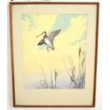 R Jacob (20th Century), Snipe in Flight, watercolour, signed lower right, 42 x 34cm