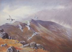 AR Philip Rickman (1891-1982), Ptarmigan in Flght over Moorland, watercolour, signed lower left,