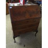 EARLY 20TH CENTURY WALNUT BUREAU WITH DROP FRONT, FITTED WITH THREE FULL WIDTH DRAWERS RAISED ON PAD