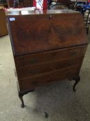EARLY 20TH CENTURY WALNUT BUREAU WITH DROP FRONT, FITTED WITH THREE FULL WIDTH DRAWERS RAISED ON PAD
