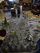 TRAY MIXED CUT GLASS CANDLE STANDS, DECANTERS, WINE GLASSES ETC