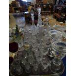 TRAY MIXED CUT GLASS CANDLE STANDS, DECANTERS, WINE GLASSES ETC