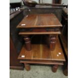 EASTERN HARDWOOD SQUARE FORMED TABLE WITH METAL MOUNTS TOGETHER WITH A SMALLER EXAMPLE (2)