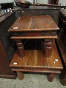 EASTERN HARDWOOD SQUARE FORMED TABLE WITH METAL MOUNTS TOGETHER WITH A SMALLER EXAMPLE (2)