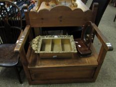 WAXED PINE FRAMED MONK'S BENCH WITH LIFT UP SEAT AND SHAPED BACK