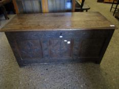 18TH CENTURY OAK COFFER WITH THREE PANELLED CARVED FRONT AND PLANK TOP