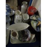 TWO TRAYS ASSORTED CHINA WARES, BORDER FINE ART COLLECTORS PLATES, JELLY MOULDS ETC (2)